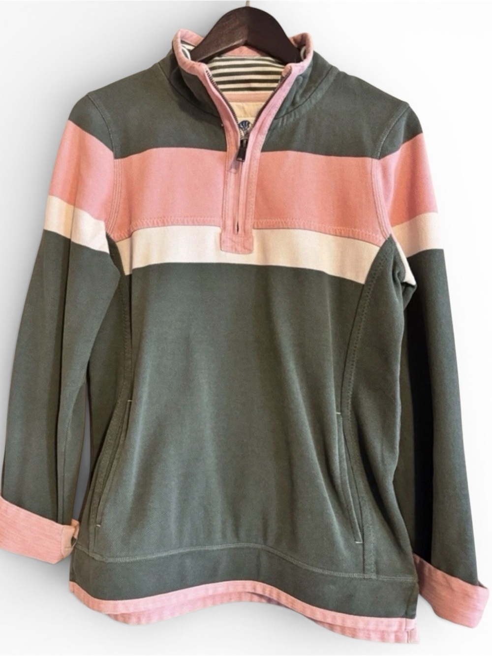 Fat Face Olive, Pink & White Striped Half-Zip Pullover - Picture 2 of 5